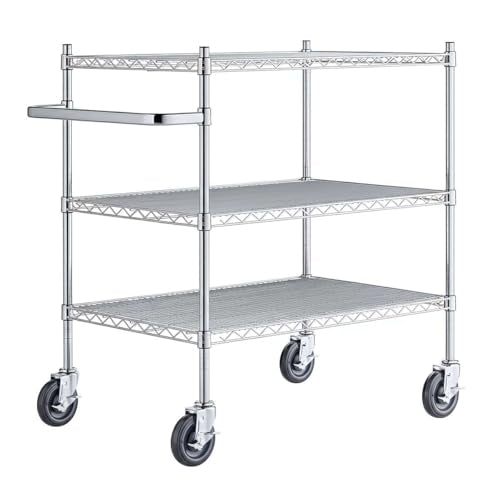 24" x 41 3/4" x 39" Commercial NSF Chrome 3 Shelf Wire Utility Cart with U-Shaped Handle - Heavy-Duty Serving Rolling Metal Cart, Mobile Storage Cart for Warehouse, Office, Retail, Kitchen