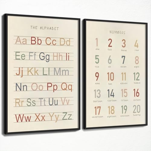 perasi 2pcs Alphabet and Numbers 1-20 Poster, Abc Letters Learning Charts for Toddlers 1-3, Numbers Canvas Wall Art for Nursery Classroom Wall, Kids Playroom Educational Print 24x36in Wrapped Canvas