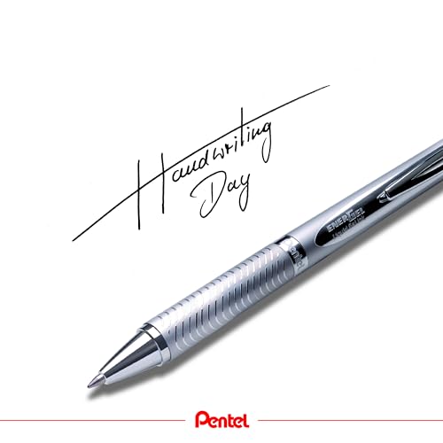 Pentel EnerGel Sterling Rollerball, 0.7 mm Tip, Silver Barrel, Black Ink (Pack of 12)