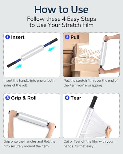 FugaCity Stretch Wrap Film-15 in 1000 FT 60 Gauge Shrink Wrap for Furniture Wrapping Shipping, Moving Supplies Clear Plastic Wrap, Heavy Duty Industrial Strength,500% Stretch (3 Roll with Handles)