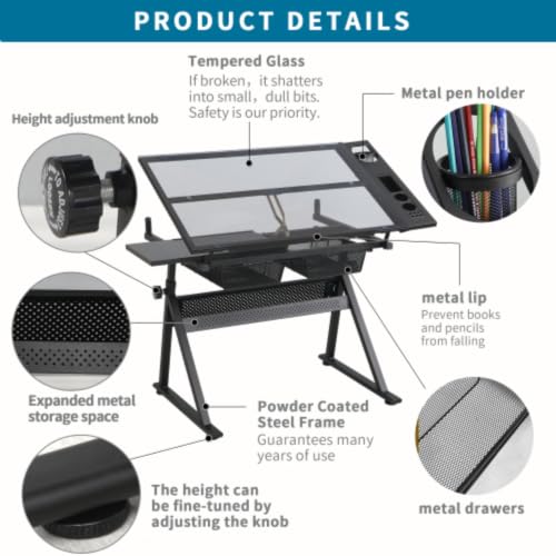 Daklpiw Tempered Glass Drafting Table, 0-75° Tilt & Height Adjustable Drafting Desk with 2 Drawers and Storage Tray, for Artists Designers Hobbyists