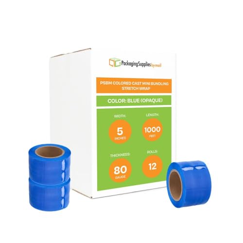 PSBM Dark Blue Mini Stretch Wrap with Extended Core Handles, 12 Rolls 5 Inch x 1000 Feet 80 Gauge Heavy Duty Plastic Wrap Industrial Strength Shrink Film for Moving, Packing & Shipping