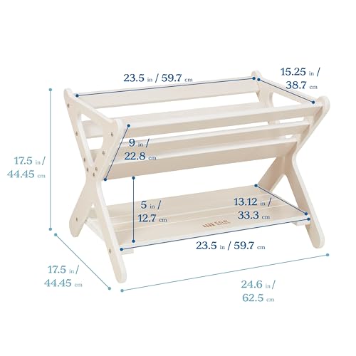 ECR4Kids Wooden Book Caddy with Storage Shelf and Handles, White Wash