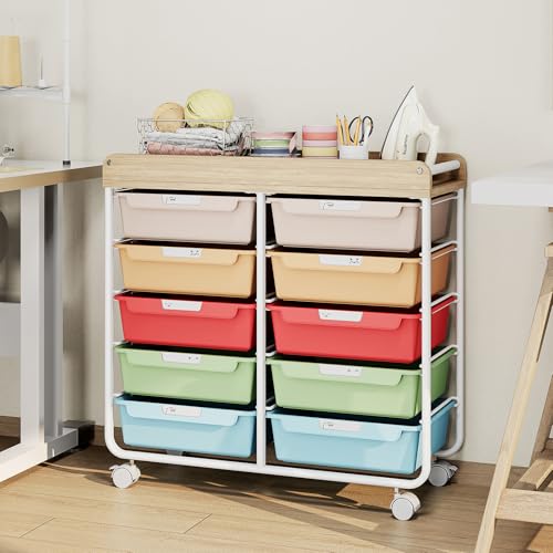 10 Drawer Rolling Storage Cart with Wood Top for Classroom Crafts Colorful