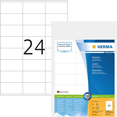 HERMA Self Adhesive Address Mailing Labels, 24 Labels Per A4 Sheet, 12000 Labels for Laser and Inkjet Printers, 70 x 36 mm (4414)