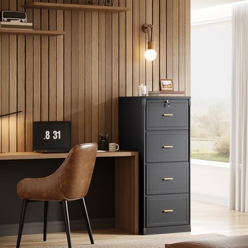 LITTLE TREE 4-Drawer File Cabinet with Lock, Large Vertical Storage Cabinet, Secure Space-Saver for Home Office, Compatible with A4/F4/Letter/Files, Filing Cabinets for Home Office (Black, MDF)