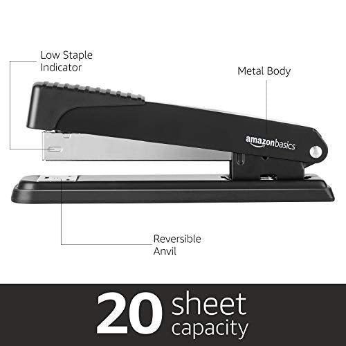 Amazon Basics Full-Strip Desktop Stapler, 20 Sheet Capacity, Non-Slip, Black, 12-Pack
