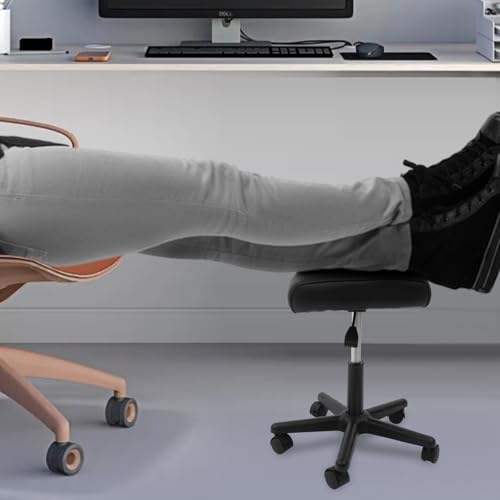 Mobile Under Desk Footrest, Leather Ergonomic Foot Rest with Wheels and Comfort Padding, Height Adjustable Foot Stool Leg Rest for Home Office, Black