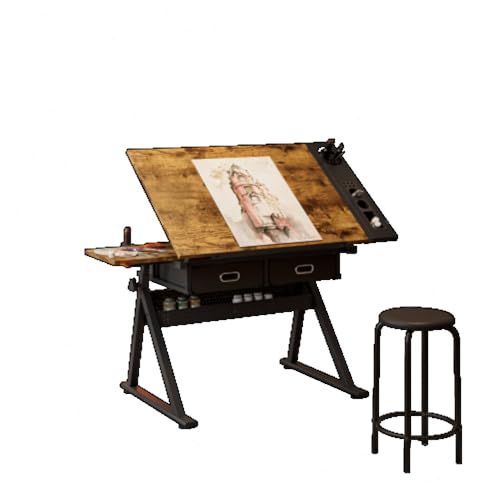 Daklpiw Height Adjustable Drafting Table Drawing Table Artist Desk Tilting Tabletop Art Craft Desk Watercolor Paintings Sketching Work Station w/2 Storage Drawers and Stool for Home Office (Brown)