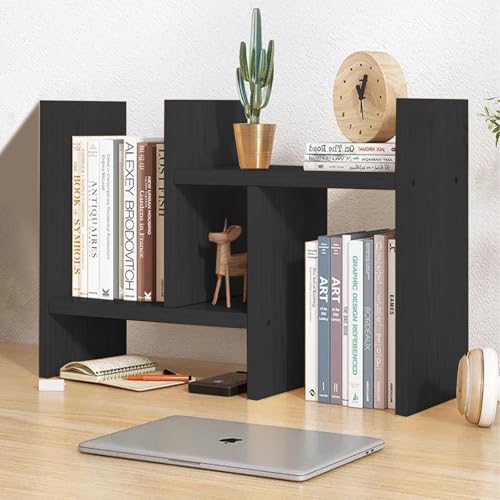 Cuteripe Black Desk Organizer Shelf Wooden Desktop Bookshelf Adjustable Desktop Organizer Shelves Small Book Shelf for Office Desk Supplies Home Storage Natural Stand Decor (Black, Style1)