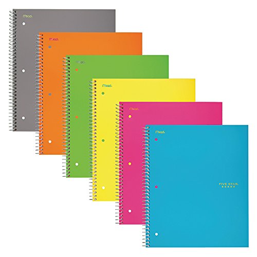 Five Star Spiral Notebooks, 5 Subject, Wide Ruled Paper, 200 Sheets, 10-1/2" x 8", Assorted Colors, 6 Pack (38438)