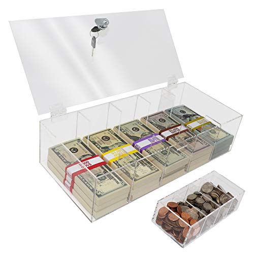 Clear Locking Currency Tray, 5 Compartment Cash Organizer Money Storage Box with Lockable Cover and Coin Tray Insert, 300 Currency Wrappers Included