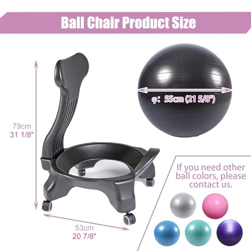 EXCLURA Ergonomic Yoga Ball Chair for Adults, Balck Stability Ball with Wheels ＆ Back, Exercise Ball Chair Strength Posture Anti-Burst Ball