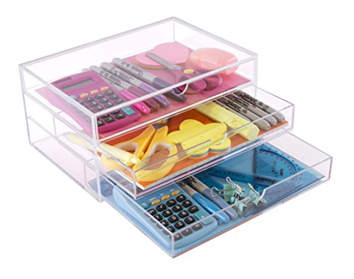 OSCO Medium Clear Acrylic 3 Drawer Chest | A5 | Pin storage | Jewellery | Paperclips | Crayons | Pens | Pencils | Small Stationery | H11 x W23 x D17 cm |