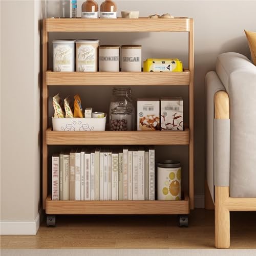 Joaaea Solid Wood Rolling Cart,4-Layer with Wheels 110LBS Heavy Duty,Snack/Book Storage,Floor-Standing for Bedroom Living Room(Natural,60cm-23.6in)