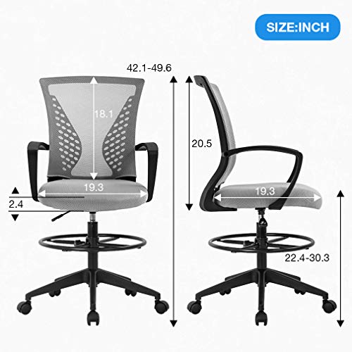 Drafting Chair Tall Office Chair Standing Desk Chair Adjustable Height with Arms Foot Rest Back Support Rolling Swivel Desk Chair Mesh Drafting Stool for Adults