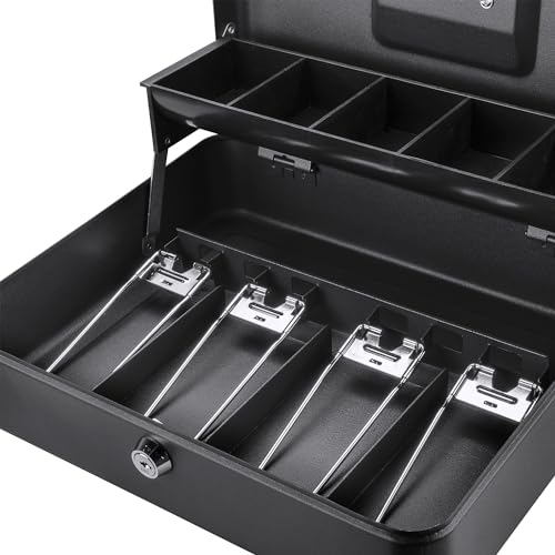 Barska 12-Inch Cash Box with Key Lock – Standard Register Style, 4 Bill Compartments, 5 Coin Tray Sections, Steel Construction, Portable Money Box Home, Events- Cash box with Money Tray and Lock