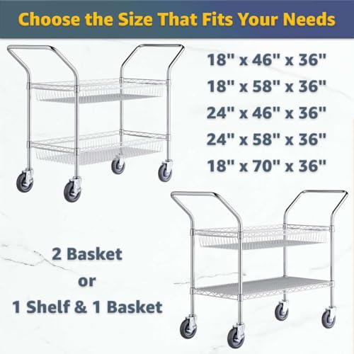18" x 46" Commercial Chrome Utility Cart with 2 Basket Shelves - Heavy-Duty NSF Wire Storage Rolling Cart with Handles, Mobile Serving Cart for Restaurant, Hotel, Warehouse, Office, Kitchen