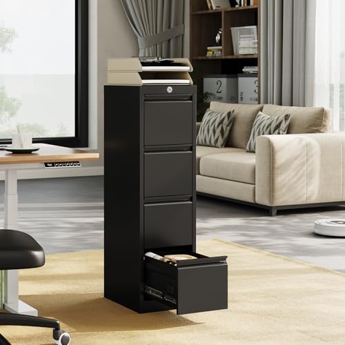 FinerFurnis 4-Drawer Metal File Cabinet with Lock - Heavy Duty Vertical Filing Cabinet for Letter, Legal, A4, F4 Documents - Secure Home Office Storage - Color: Black