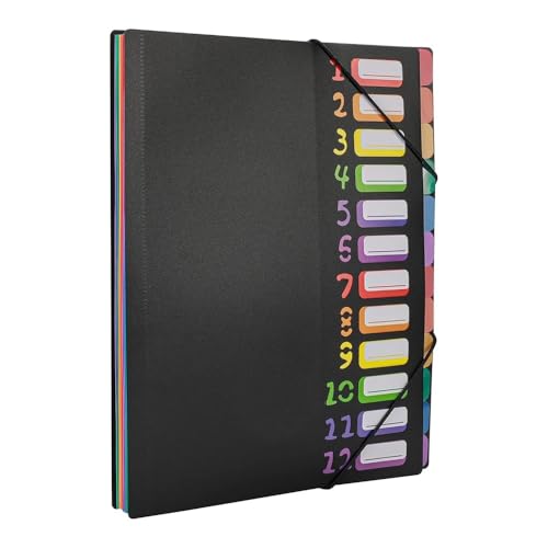 File Folders A4 Letter Size, Multicolor 12 Pocket Expanding Project Sorter Heavy Duty Monthly Plastic Expandable Folder Organizer File Jacket(Black)
