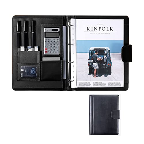Padfolio A4 Business Portfolio Binder PU Leather Notebook Case Multifunctional Document Folder with Calculator Professional Conference Organizer for Women Men ( Color : Black , Size : 12-bit solar cal