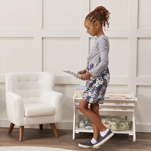 ECR4Kids Wooden Book Caddy with Storage Shelf and Handles, White Wash