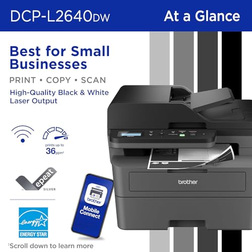 Brother DCP-L2640DW Wireless Monochrome Laser All-in-One Printer, Print Scan Copy, 34 PPM Duplex Printing, 50-Sheet ADF, Ethernet & Mobile Printing, USB Printer Cable and Print Like a Pro eBook Bundle
