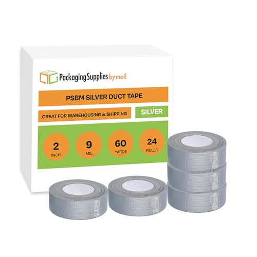 PSBM Silver Duct Tape, 24 Rolls, 9 Mil Thick, 2 Inch Wide, 60 Yards Per Roll, Total 1440 Yards, Heavy Duty, Waterproof, All-Weather, Perfect for Repairs, Patching, Bundling & Sealing