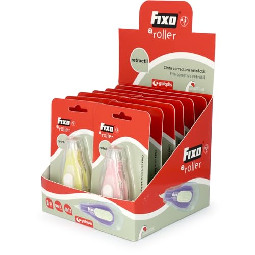Fixo Roller - 12 Pack Retractable Left Handed Correction Tape Front Application 6m x 5mm Allows Instant Writing, Perfect School and Office Supplies for Correcting Paper Errors