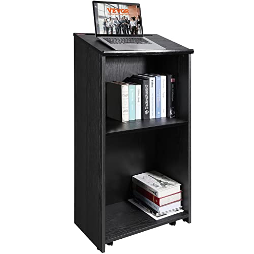 VEVOR Podium Stand, 47-inch Mobile Lectern with 4 Casters, Wooden Presentation Stand with Shelves, Angled Top, for Church, Office, School, Home Use, Black