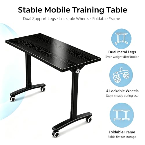 Modern Conference Table, Folding Conference Table with Wheels, Flip Top Mobile Meeting Table, Modular Seminar Training Room Table for Classroom,Seminar,Training Room,Black,47IN,2