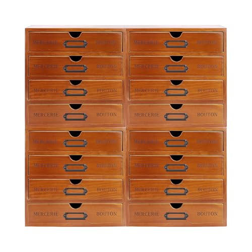 Vintage 16-Drawer Wooden Desk Organizer, 4Pcs 4-Slot Filing Cabinet, Stackable Craft Storage Drawers, Rustic Tool Box, Multilevel Apothecary Cabinet, Ideal Home Office Organizers and Accessories
