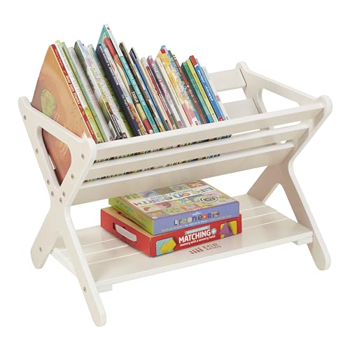 ECR4Kids Wooden Book Caddy with Storage Shelf and Handles, White Wash