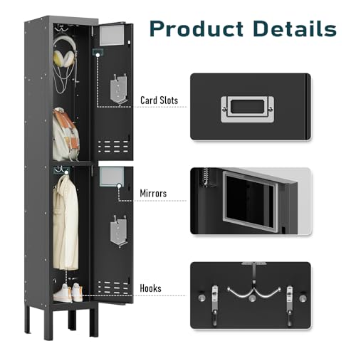 SAPITAL Metal Locker for Home, Dressing Room, 66" Steel Storage Lockers for Employees, Lockable Locker Cabinet with 2 Doors (Black)