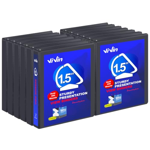ViVin 3 Ring Binder 1.5 Inch, Slant D Ring Binder, 12 Pack, Black