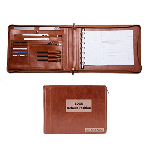 Geslun Custom Leather 7 Ring Check Binder Zippered, 3-On-A-Page for 9 x 13”