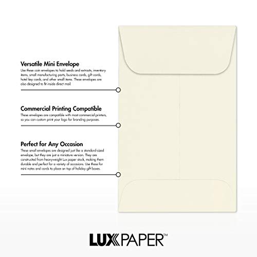 LUXPaper #1 Coin Envelopes in 80 lb. Pool, Envelopes for Coin Collections, Garden Seeds, Stamps, and More, w/Moistenable Glue, 1000 Pack, Envelope Size 2 1/4 x 3 1/2 (Natural)