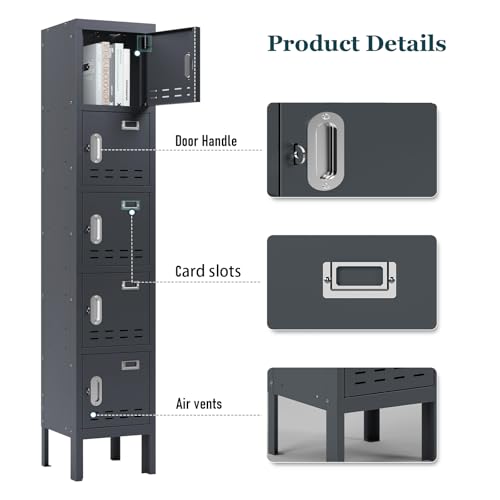 BUTISOW Metal Storage Locker with Lock & Card Slot Locker - Secure Lockable Door - Steel Locker for School, Office, Gym, Home - 66.15" H x 11.8" W x 11.8" (5 Door, Grey)