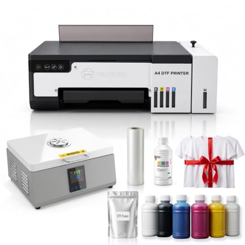 VELOZONE A4 L8058 DTF Printer Bundle with Curing Oven, 720 x 1440 DPI CMYK+W Direct to Film Printer, AcroRip for Windows, Ink, Powder and 100 A4 Film Sheets