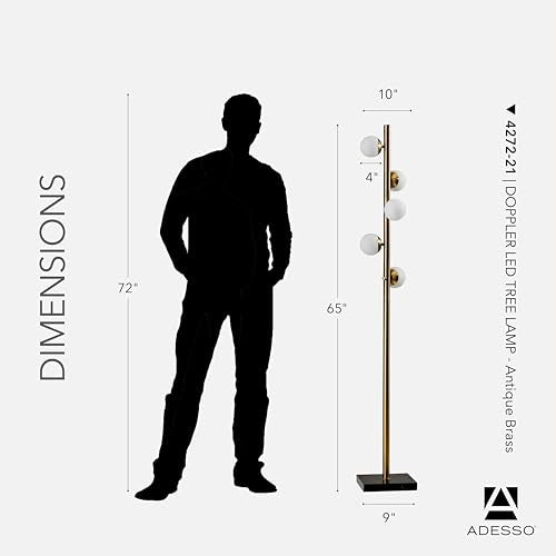 Adesso Antique Brass LED Floor Lamp with White Opal Shades - Modern Multi-Light Tree Lamp for Bedroom, Living Room, or Home Office, 3W Bulbs Included, 65” Tall