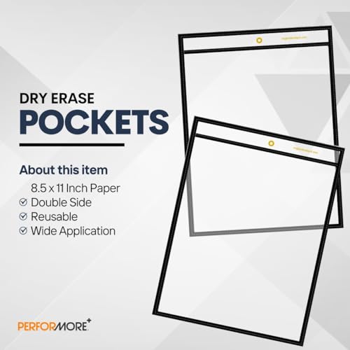 Performore Stitched Dry Erase Pockets, Portrait View Heavy Duty Reusable 8.5" X 11" Sleeves, Clear Both Sides with 1 Hole for Attaching to Machinery, File Cabinet and More, Black Trim (Pack of 30)