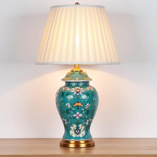 SLJCUPU Vintage Rustic Green Ginger Jar Ceramic Table Lamp Modern Hand Painted Flower Table Lamp Mid Century Classics Traditional Nightstand Bedside Pleated Lamp for Living Room College Bookcase
