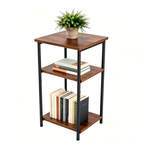 HULKFIT Sturdy 3-Tier Storage Shelf, Adjustable Utility Rack with High Load Capacity, Easy Assembly Side Table, Multi-Purpose Display Stand for Books, Plants, and Kitchenware, Brown