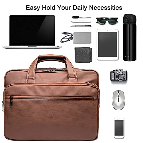 Seyfocnia Men's 17.3 Inches Laptop Bag, Brown Faux Leather Briefcase