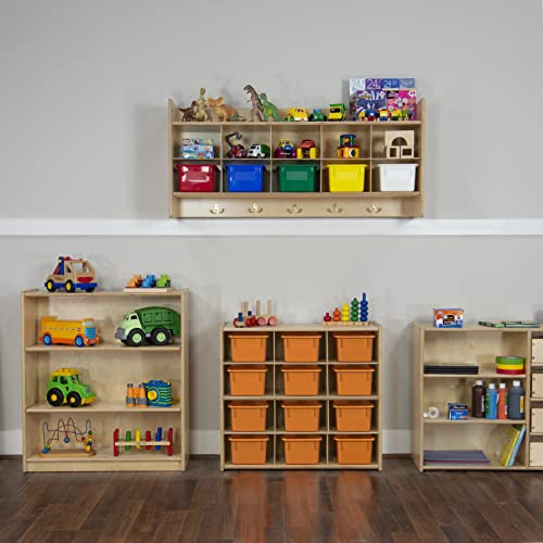 Contender 12 Compartment Kids Cube Locker Shelf with Orange Bins, Hardwood Montessori Shelves Organizers for Daycare, Nursery, Offices, Backpack Shelving Unit
