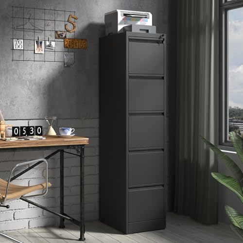 IKIMI 5 Drawer File Cabinet with Lock,Black Metal Filing Cabinet for Office