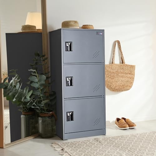 MECOLOR 3-Door Heavy-Duty Steel Storage Locker with Lockable Latches, Space-Saving Corner Organizer for Office, Living Room, Gym - Durable Metal Cabinet (Gray)