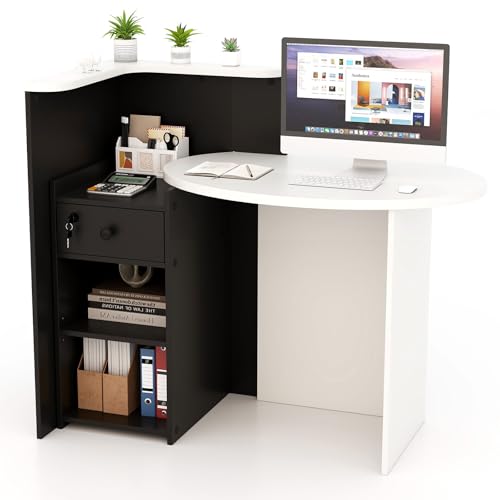 SILKYDRY Reception Desk, Small Retail Checkout Counter with Lockable Drawer and Open Shelves, Wooden Front Desk Reception Counter, Oval Desktop & L Counter for Store Office Lobby Salon (White & Black)