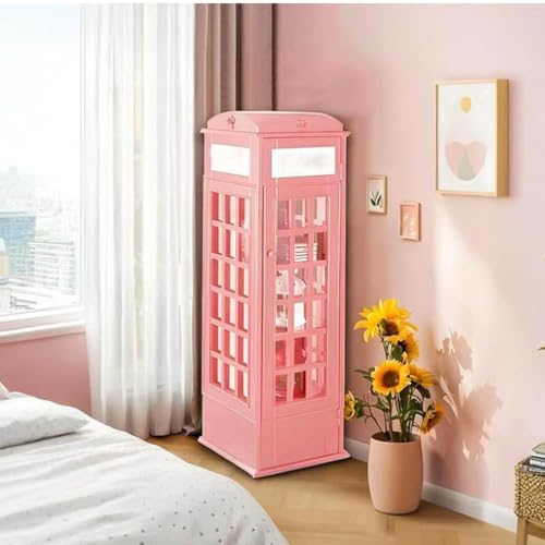 LJLYYDS Wooden Telephone Standing Bookshelf Vintage,5-Tier Wood London Telephones Booth Storage Shelf Cube,Floor Standing Telephone Booth Bookshelf with Acrylic Door for bookstores Pink