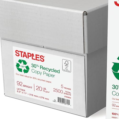 Staples 30% Recycled Copy Paper, 8.5x11 In, 20 lb, 92 Bright, 5/Ctn